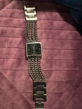 Square Black Dial Chain-Link Silver Watch